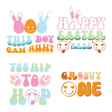 Set of cute hand drawn lettering quotes with Easter bunny, eggs, bunny ears. Vector illustration.のイラスト素材
