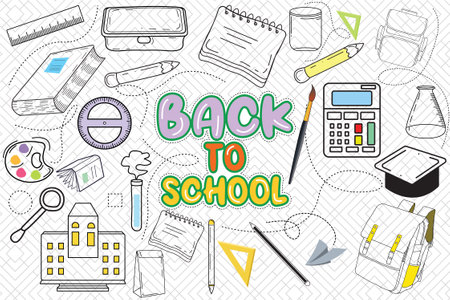Back to school background with school supplies. Vector illustration in sketch styleのイラスト素材