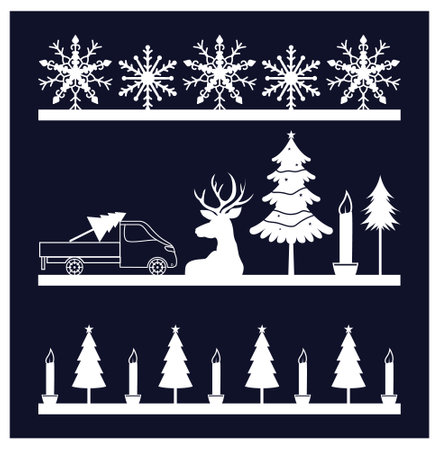 Set of Christmas and New Year elements. Silhouettes of Christmas trees, deer, car, snowflakes, candles.のイラスト素材