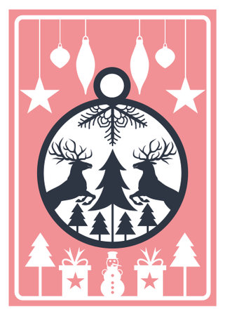 Christmas greeting card with reindeer and christmas tree. Vector illustration.のイラスト素材
