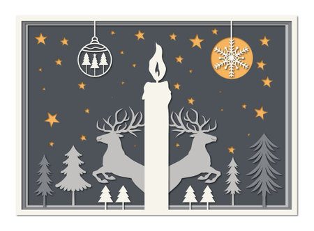 Christmas card with a candle and reindeers. Vector illustration.のイラスト素材