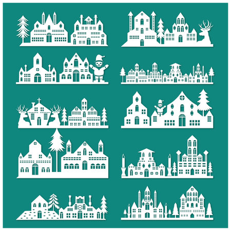 Set of christmas houses silhouettes. Vector illustration for your designのイラスト素材