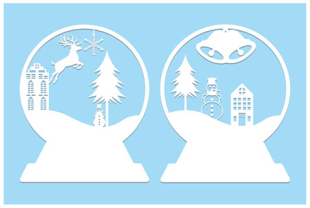 Snow globe with houses and christmas trees. Vector Illustration.のイラスト素材