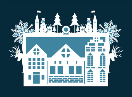 Christmas card with houses, trees and snowflakes. Vector illustration.のイラスト素材
