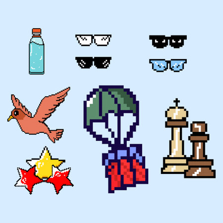 Set of pixel art game elements. Vector illustration in retro style.のイラスト素材