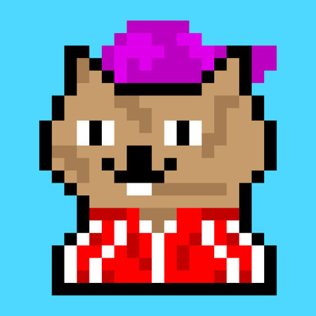 Pixel art cat with pink hat isolated on blue background. Vector illustration.のイラスト素材