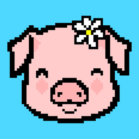 Pixel pig head with a flower in her hair on a blue backgroundのイラスト素材
