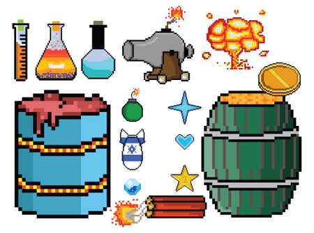 Set of pixel game elements. Vector illustration in 8 bit style.のイラスト素材