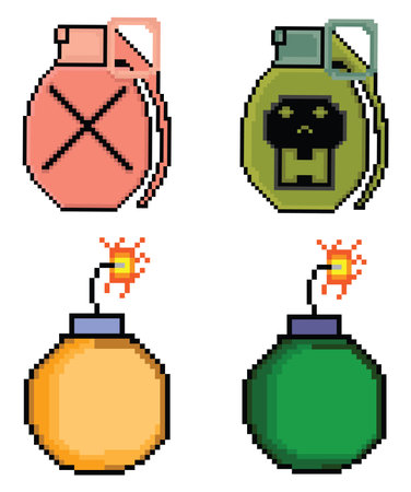 Set of pixelated icons with bomb, grenade and skull. Vector illustrationのイラスト素材