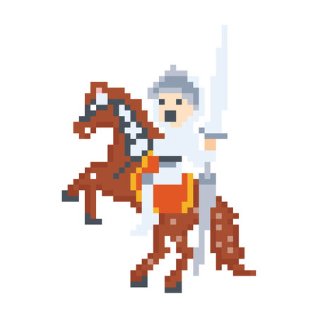 Pixel art knight riding a horse isolated on white background. Vector illustration.のイラスト素材