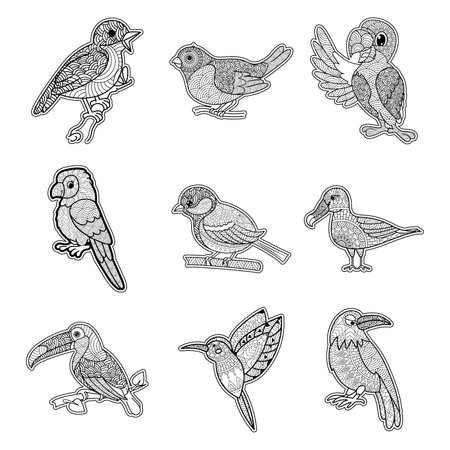 Set of vector hand drawn birds in doodle style isolated on white backgroundのイラスト素材