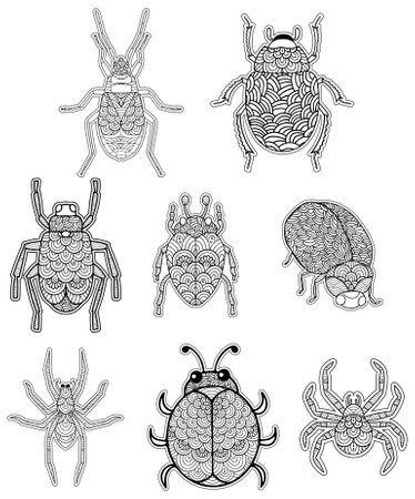 Black and white set of beetles. Vector illustration for coloring book.のイラスト素材