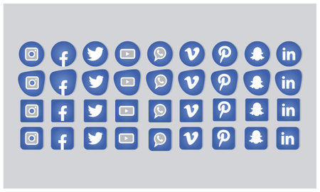 set of social media icons in blue color with shadow on gray backgroundのイラスト素材