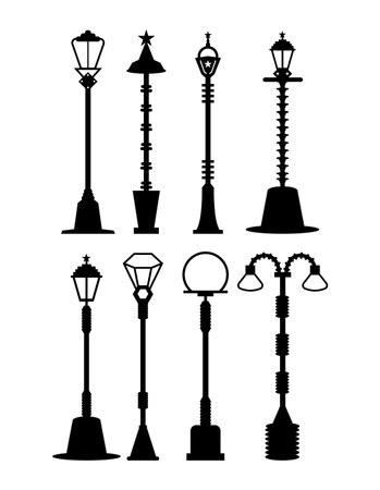 Set of black street lamps isolated on white background. Vector illustration.のイラスト素材