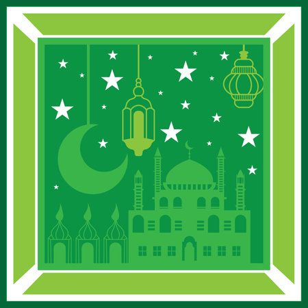 Ramadan Kareem greeting card with mosque and moon. Vector illustrationのイラスト素材
