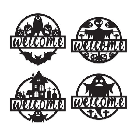 Halloween vector icons set. Black silhouettes of bats, ghosts, spiders, spooky house and cemetery on white backgroundのイラスト素材