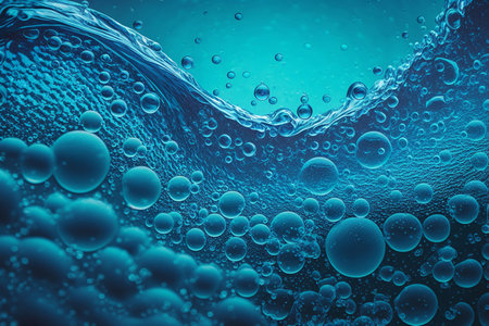 Water splash with bubbles on blue background. 3d illustration. Macro.の素材