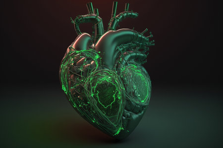 Human heart with green light on dark background. 3D illustration.の素材