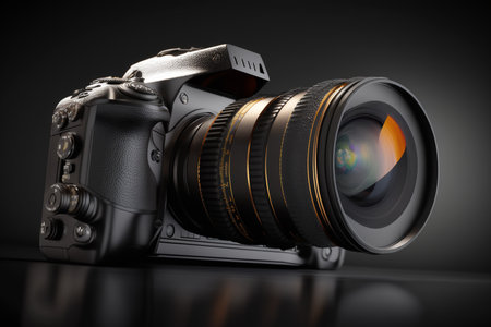 Digital SLR camera on black background. 3d rendering. Computer digital drawing.の素材