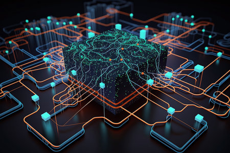 Circuit board. Technology background. 3d rendering, 3d illustration.の素材
