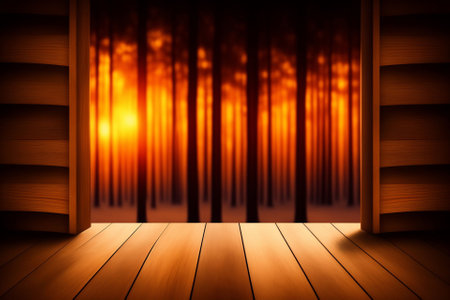 Wooden door in a dark room with curtains. 3d renderingの素材