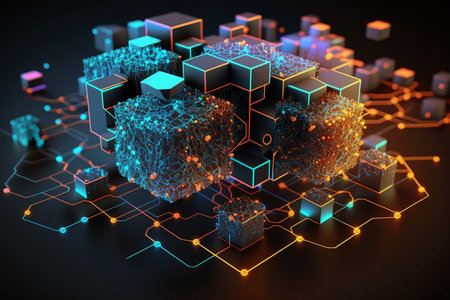 3d rendering of abstract technological background with hexagons and lines.の素材