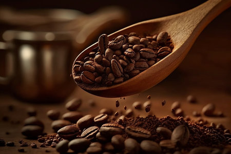 Coffee beans and ground coffee in wooden spoon on wooden background.の素材