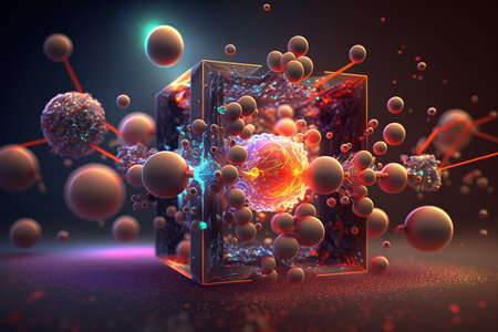 3d rendering of atom and cell in abstract space. Computer digital drawing.の素材