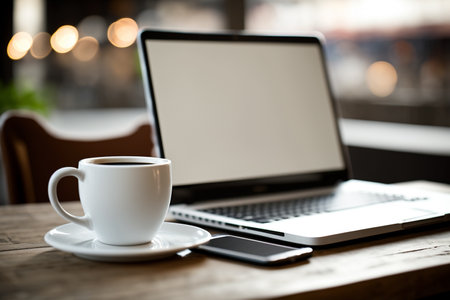 Laptop with blank screen and coffee cup on wooden table in cafeの素材