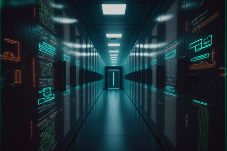 Futuristic hallway with data center on the background. 3d renderingの素材