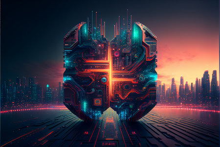 Futuristic digital brain with circuit board, 3d rendering. Computer digital drawing.の素材