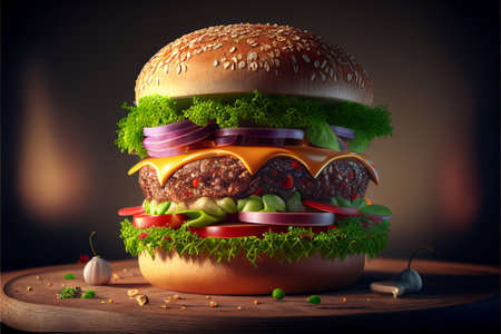 Hamburger with fresh vegetables on wooden table. Realistic 3d vector illustration.の素材
