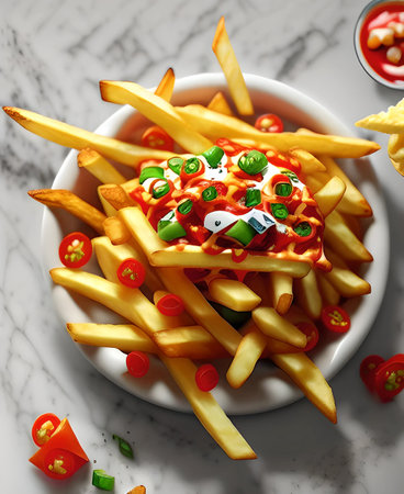French fries with ketchup and mayonnaise on white marble backgroundの素材