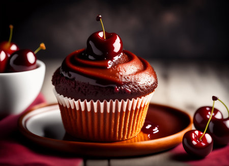 Chocolate cupcake with cherry on wooden background. Selective focus.の素材