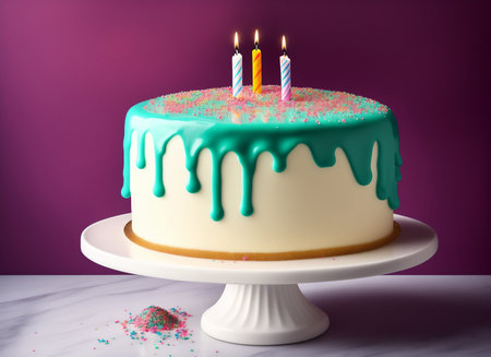 Birthday cake with burning candles on a pink background. 3d renderingの素材