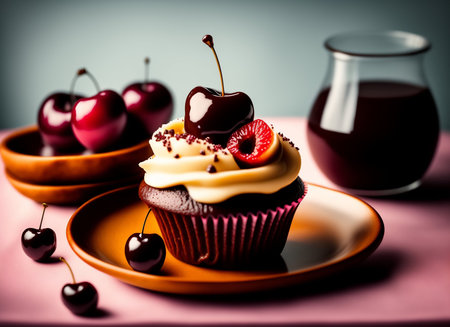 Cupcake with cherry on plate and glass of red wine.の素材