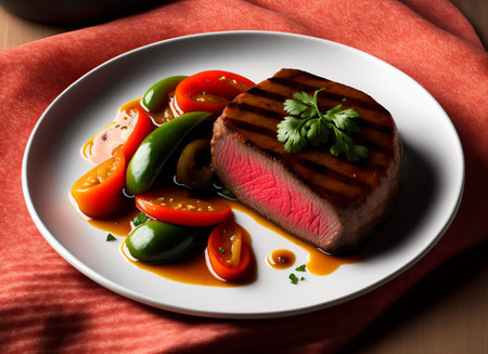 Grilled tuna steak with vegetables on a white plate, close upの素材