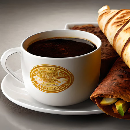 Cup of black coffee with a pancake on a gray backgroundの素材