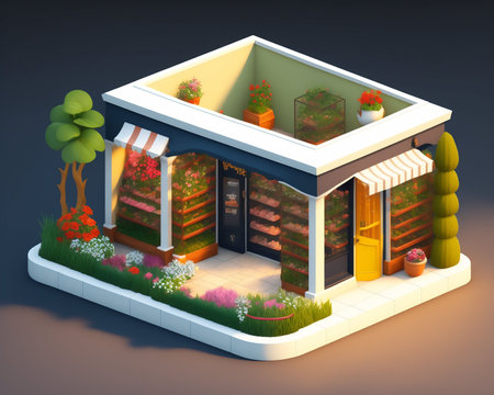 3d isometric flower shop building, isolated on dark blue backgroundの素材