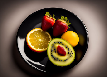 Strawberry, lemon and kiwi on a black plateの素材