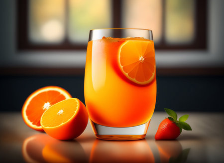 Orange juice in a glass with fresh fruits on the background of the windowの素材