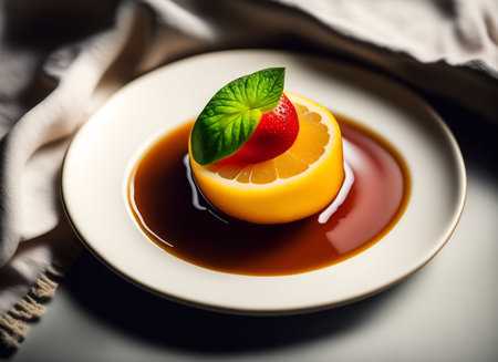 Panna cotta dessert with orange and mint leaf on a white plateの素材