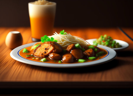 Mushroom stew with noodles and green peas on a wooden tableの素材