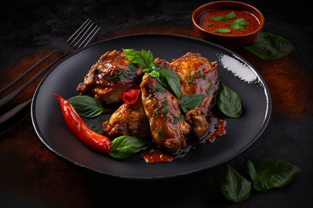 Grilled chicken wings with tomato sauce and basil on a black plateの素材