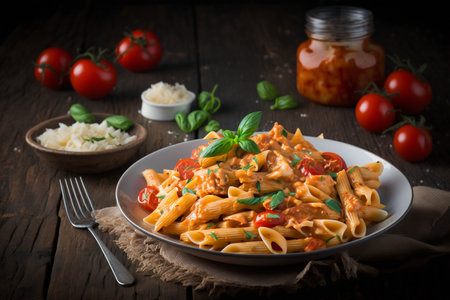 Pasta with meat, tomato sauce and parmesan on wooden backgroundの素材