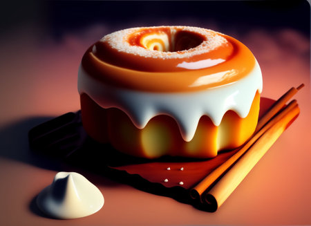 Cinnamon roll with icing and white chocolate on a dark background.の素材