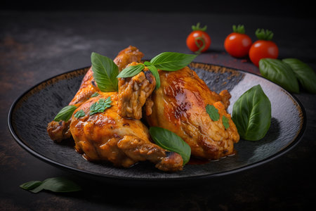 Baked chicken wings with fresh basil leaves and cherry tomatoes on black backgroundの素材