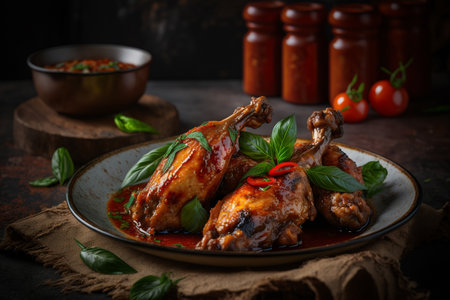 Grilled chicken legs with tomato sauce and basil on rustic backgroundの素材