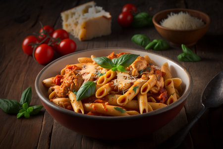 Penne pasta with tomato sauce, basil and parmesan cheeseの素材