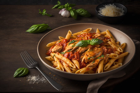 Penne pasta with chicken, tomato sauce and basil on wooden tableの素材